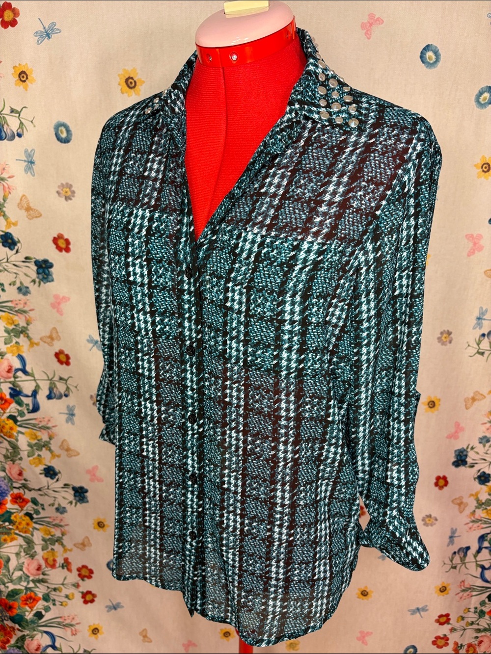 Michael Kors - Studded Collar Women’s Turquoise Plaid Button-Up Blouse